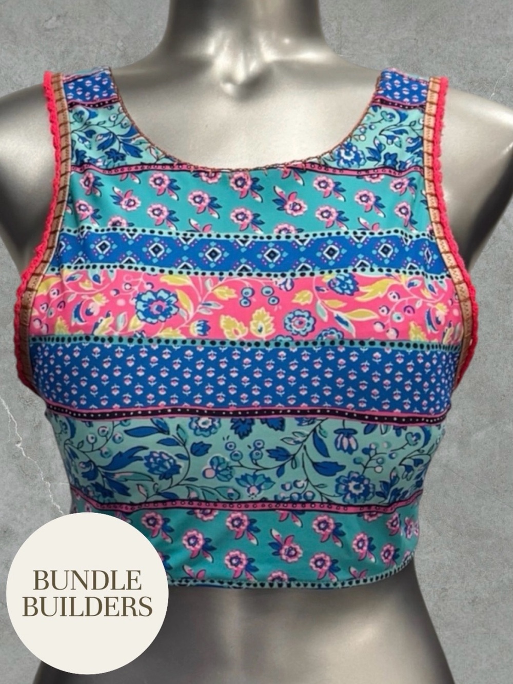$10 Add-on | Boho Floral Stripe Crop Swim Top
